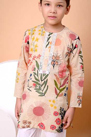 THE COTTON STAPLE_Beige Cotton Oat Print Kurta And Pant Set _Online_at_Aza_Fashions