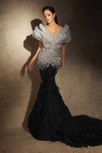 Shop Amit GT Black Crepe, Tulle Crystals, Feathers Sweetheart Neck Swarovski Embellished Gown at Aza Fashions Shop_Amit GT_Black Crepe, Tulle Crystals, Feathers Sweetheart Neck Swarovski Embellished Gown _at_Aza_Fashions