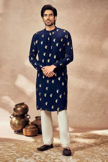 Masaba Blue Crepe, Silk Foil Printing Ganesha Kurta With Pant at Aza Fashions Masaba_Blue Crepe, Silk Foil Printing Ganesha Kurta With Pant _at_Aza_Fashions