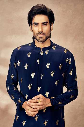 Shop Masaba Blue Crepe, Silk Foil Printing Ganesha Kurta With Pant Shop_Masaba_Blue Crepe, Silk Foil Printing Ganesha Kurta With Pant