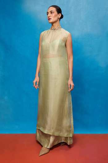 Ekaya Banaras Green Silk High , Sweetheart Handwoven Banarasi Kurta And Pant Set Online at Aza Fashions Ekaya Banaras_Green Silk High , Sweetheart Handwoven Banarasi Kurta And Pant Set _Online_at_Aza_Fashions