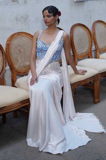 Buy_Aditi Gupta_Ivory Satin Pearls Sweetheart Neck Pre-draped Saree With Embroidered Corset _Online_at_Aza_Fashions