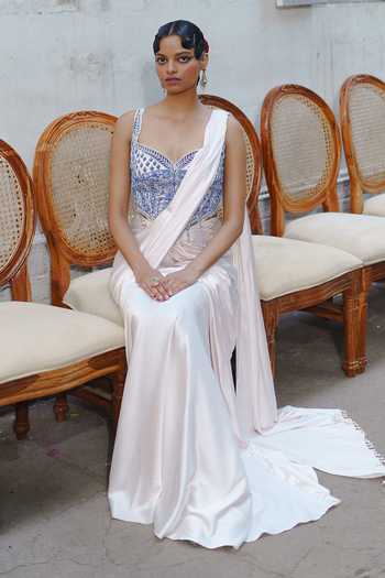 Shop_Aditi Gupta_Ivory Satin Pearls Sweetheart Neck Pre-draped Saree With Embroidered Corset _Online_at_Aza_Fashions