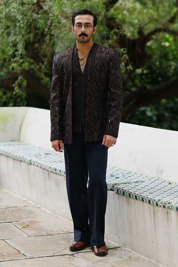 AMIT BEHKI Deep Navy Velvet Bandhgala Set 