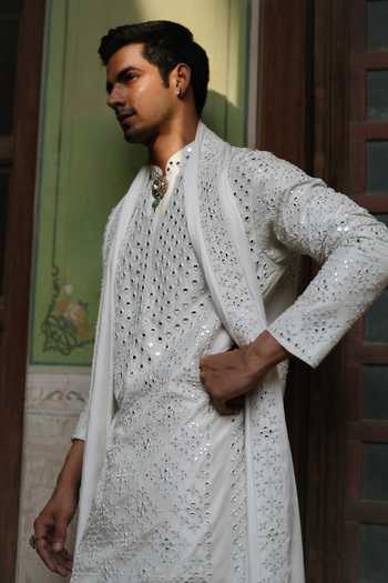 AMIT BEHKI Ivory Silk, Satin Embroidered Kurta Set Online at Aza Fashions AMIT BEHKI_Ivory Silk, Satin Embroidered Kurta Set _Online_at_Aza_Fashions
