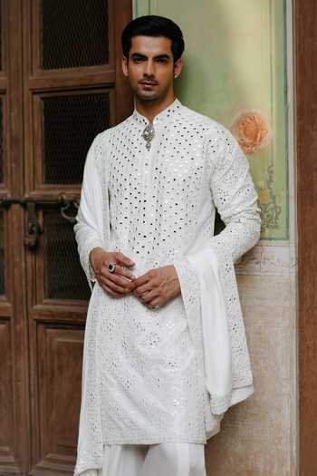 Shop AMIT BEHKI Ivory Silk, Satin Embroidered Kurta Set Online at Aza Fashions Shop_AMIT BEHKI_Ivory Silk, Satin Embroidered Kurta Set _Online_at_Aza_Fashions