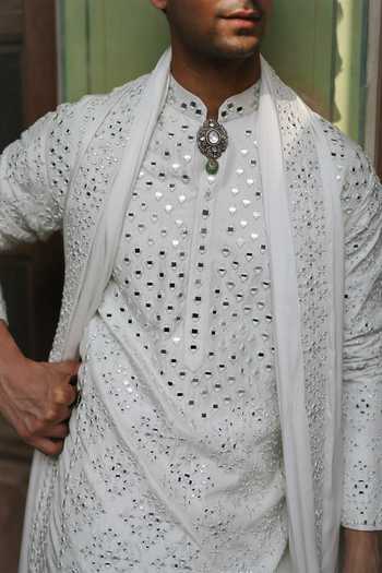 AMIT BEHKI Ivory Silk, Satin Embroidered Kurta Set at Aza Fashions AMIT BEHKI_Ivory Silk, Satin Embroidered Kurta Set _at_Aza_Fashions