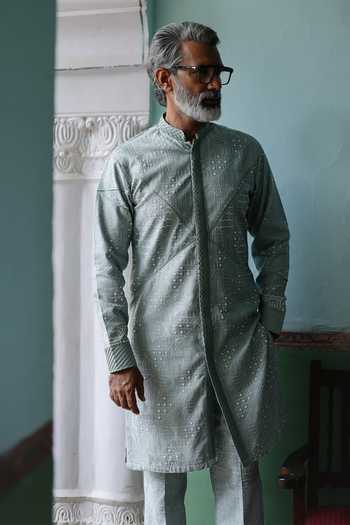 AMIT BEHKI_Blue Silk Powder Embroidered Kurta Set _Online_at_Aza_Fashions