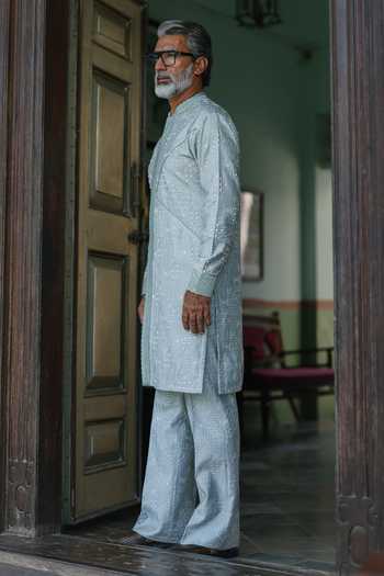 Buy_AMIT BEHKI_Blue Silk Powder Embroidered Kurta Set _Online_at_Aza_Fashions