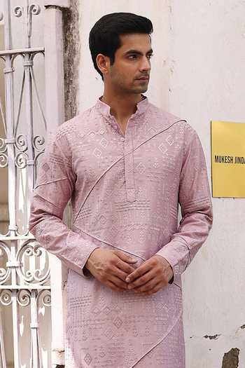 AMIT BEHKI_Rose Gold Silk Embroidered Kurta Set _Online_at_Aza_Fashions