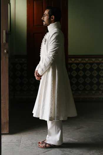 Shop_AMIT BEHKI_Ivory Silk, Satin Embroidered Achkan Set _Online_at_Aza_Fashions