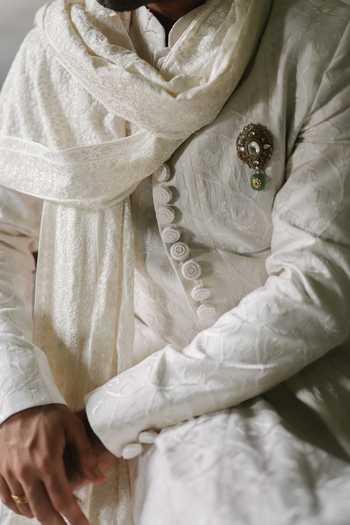 AMIT BEHKI_Ivory Silk, Satin Embroidered Achkan Set _at_Aza_Fashions