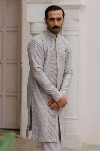 Buy AMIT BEHKI Grey Silk Embroidered Kurta Set Online at Aza Fashions Buy_AMIT BEHKI_Grey Silk Embroidered Kurta Set _Online_at_Aza_Fashions
