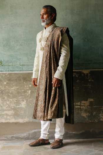 Shop_AMIT BEHKI_Green Silk Mint Sherwani Set _Online_at_Aza_Fashions