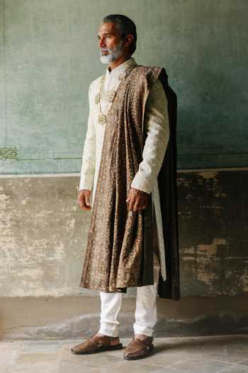 AMIT BEHKI_Olive Green Embroidered Stole _Online_at_Aza_Fashions