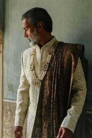 AMIT BEHKI_Olive Green Embroidered Stole _at_Aza_Fashions