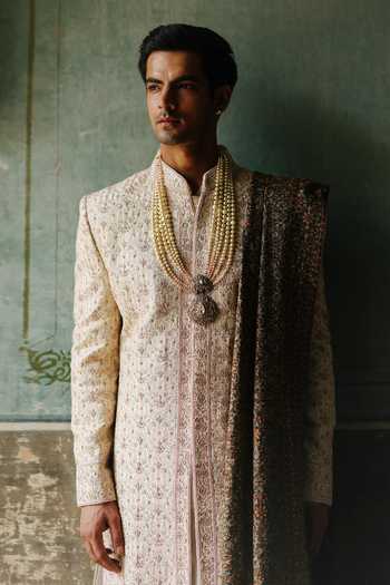 Buy_AMIT BEHKI_Ivory Silk Embroidered Sherwani Set _Online_at_Aza_Fashions