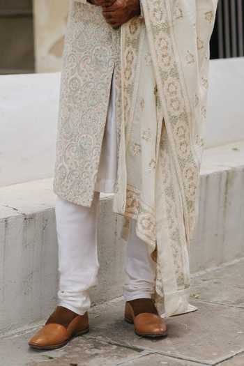 AMIT BEHKI_Ivory Satin, Pashmina Sage Embroidered Sherwani Set _Online_at_Aza_Fashions