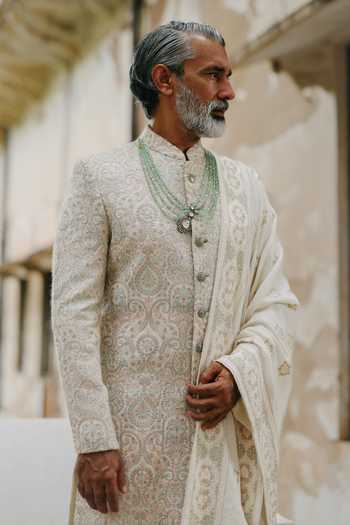 Buy_AMIT BEHKI_Ivory Satin, Pashmina Sage Embroidered Sherwani Set _Online_at_Aza_Fashions