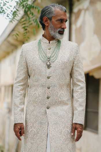 Shop_AMIT BEHKI_Ivory Satin, Pashmina Sage Embroidered Sherwani Set _Online_at_Aza_Fashions