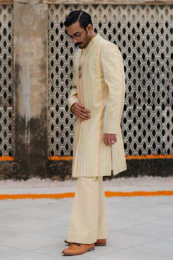 AMIT BEHKI Ivory Silk, Viscose Embroidered Sherwani Set Online at Aza Fashions AMIT BEHKI_Ivory Silk, Viscose Embroidered Sherwani Set _Online_at_Aza_Fashions
