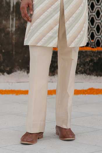 AMIT BEHKI_Ivory Silk, Polyester Stripe Woven Sherwani Set _Online_at_Aza_Fashions