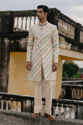 Buy_AMIT BEHKI_Ivory Silk, Polyester Stripe Woven Sherwani Set _Online_at_Aza_Fashions