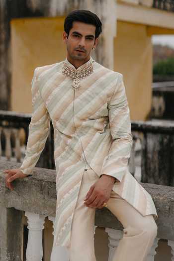 Shop_AMIT BEHKI_Ivory Silk, Polyester Stripe Woven Sherwani Set _Online_at_Aza_Fashions