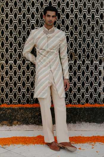 AMIT BEHKI_Ivory Silk, Polyester Stripe Woven Sherwani Set _at_Aza_Fashions