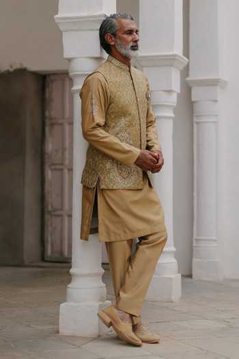 Shop AMIT BEHKI Gold Silk Zari, Embroidery Floral Woven Bundi And Kurta Set Online at Aza Fashions Shop_AMIT BEHKI_Gold Silk Zari, Embroidery Floral Woven Bundi And Kurta Set _Online_at_Aza_Fashions