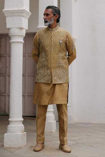 AMIT BEHKI Gold Silk Zari, Embroidery Floral Woven Bundi And Kurta Set at Aza Fashions AMIT BEHKI_Gold Silk Zari, Embroidery Floral Woven Bundi And Kurta Set _at_Aza_Fashions