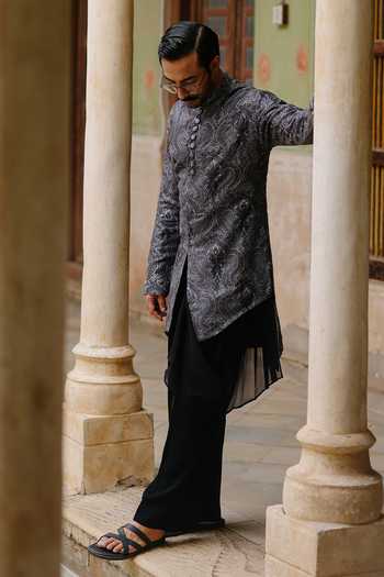 AMIT BEHKI Grey Silk, Polyester Charcoal Embroidered Kurta Set Online at Aza Fashions AMIT BEHKI_Grey Silk, Polyester Charcoal Embroidered Kurta Set _Online_at_Aza_Fashions