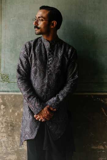 Shop AMIT BEHKI Grey Silk, Polyester Charcoal Embroidered Kurta Set Online at Aza Fashions Shop_AMIT BEHKI_Grey Silk, Polyester Charcoal Embroidered Kurta Set _Online_at_Aza_Fashions