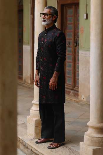 Shop AMIT BEHKI Black Silk, Viscose Embroidered Kurta Set Online at Aza Fashions Shop_AMIT BEHKI_Black Silk, Viscose Embroidered Kurta Set _Online_at_Aza_Fashions
