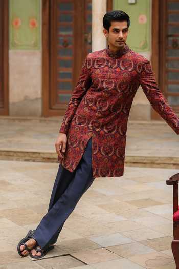 Buy_AMIT BEHKI_Maroon Silk, Viscose Paisley Embroidered Sherwani Set _Online_at_Aza_Fashions