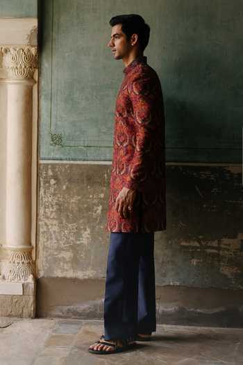 Shop_AMIT BEHKI_Maroon Silk, Viscose Paisley Embroidered Sherwani Set _Online_at_Aza_Fashions