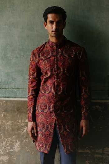 AMIT BEHKI_Maroon Silk, Viscose Paisley Embroidered Sherwani Set _at_Aza_Fashions