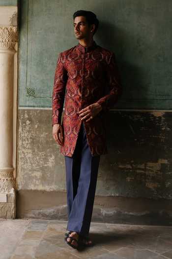 Buy_AMIT BEHKI_Maroon Silk, Viscose Paisley Embroidered Sherwani Set 
