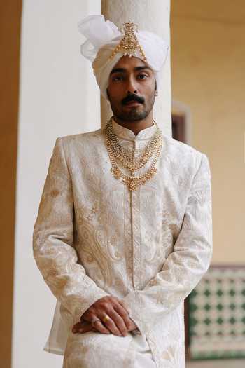 AMIT BEHKI_Ivory Silk, Viscose Embroidered Sherwani Set _Online_at_Aza_Fashions