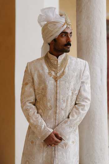 Shop_AMIT BEHKI_Ivory Silk, Viscose Embroidered Sherwani Set _Online_at_Aza_Fashions