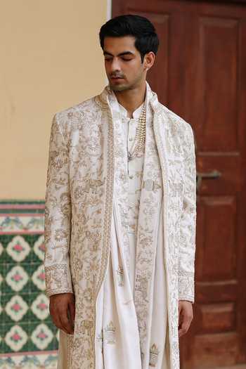 AMIT BEHKI Ivory Silk, Viscose Embroidered Sherwani And Kurta Set Online at Aza Fashions AMIT BEHKI_Ivory Silk, Viscose Embroidered Sherwani And Kurta Set _Online_at_Aza_Fashions