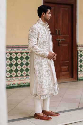 Buy AMIT BEHKI Ivory Silk, Viscose Embroidered Sherwani And Kurta Set Online at Aza Fashions Buy_AMIT BEHKI_Ivory Silk, Viscose Embroidered Sherwani And Kurta Set _Online_at_Aza_Fashions