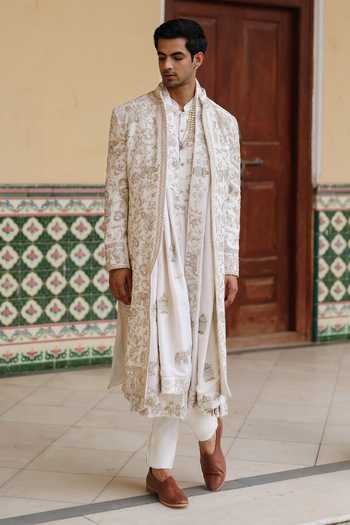 Shop AMIT BEHKI Ivory Silk, Viscose Embroidered Sherwani And Kurta Set Online at Aza Fashions Shop_AMIT BEHKI_Ivory Silk, Viscose Embroidered Sherwani And Kurta Set _Online_at_Aza_Fashions