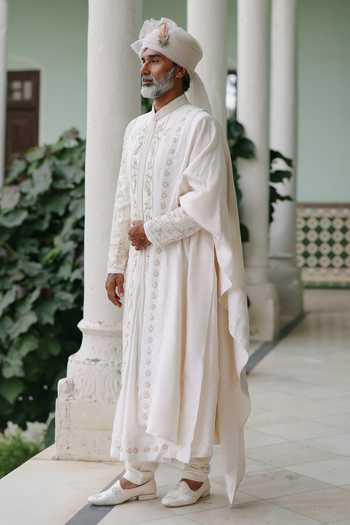 AMIT BEHKI Ivory Silk, Viscose Rose Gold Embroidered Sherwani Set Online at Aza Fashions AMIT BEHKI_Ivory Silk, Viscose Rose Gold Embroidered Sherwani Set _Online_at_Aza_Fashions