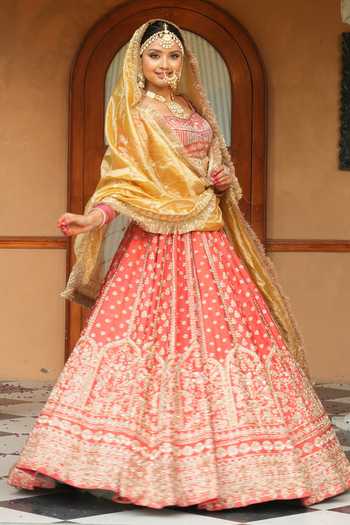 Amaltas Couture_Coral Silk, Organza, Net, Tissue V-neck Raw Bridal Lehenga Set _Online_at_Aza_Fashions