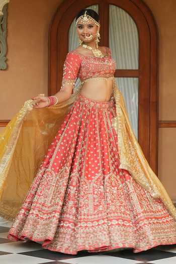 Buy_Amaltas Couture_Coral Silk, Organza, Net, Tissue V-neck Raw Bridal Lehenga Set 