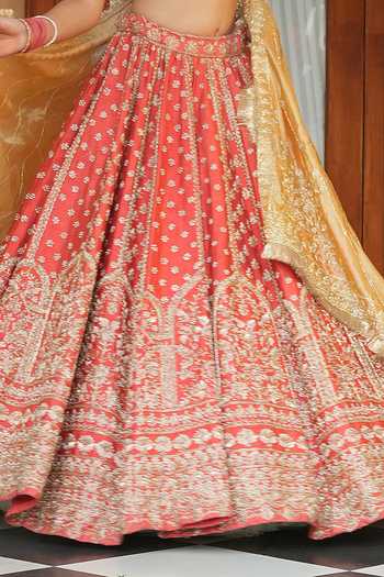 Shop_Amaltas Couture_Coral Silk, Organza, Net, Tissue V-neck Raw Bridal Lehenga Set 