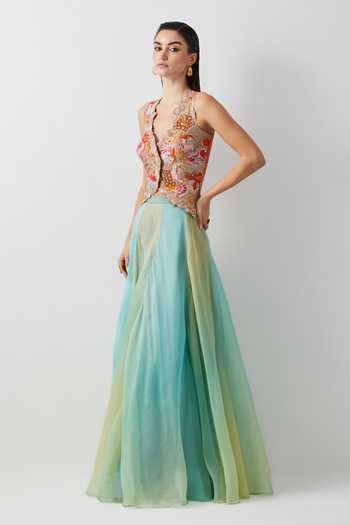 Aum By Asit And Ashima Orange , Organza Embroidery, Beads, Aqua Green Ombre Corset And Skirt Set Online at Aza Fashions Aum By Asit And Ashima_Orange , Organza Embroidery, Beads, Aqua Green Ombre Corset And Skirt Set _Online_at_Aza_Fashions