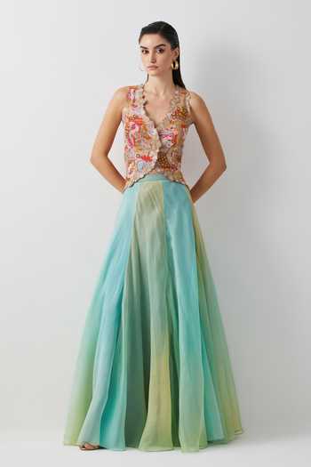 Aum By Asit And Ashima Aqua Green Ombre Corset & Skirt Set 