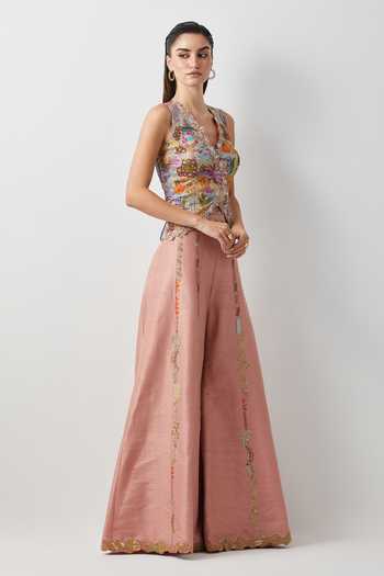 Aum By Asit And Ashima_Multi Color Silk, Cotton Embroidery, Beads, Pearls, Corset And Palazzo Set _Online_at_Aza_Fashions